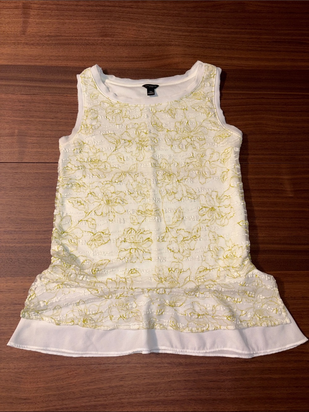 Ann Taylor White Tank Top with Pale Yellow Floral Embroidery